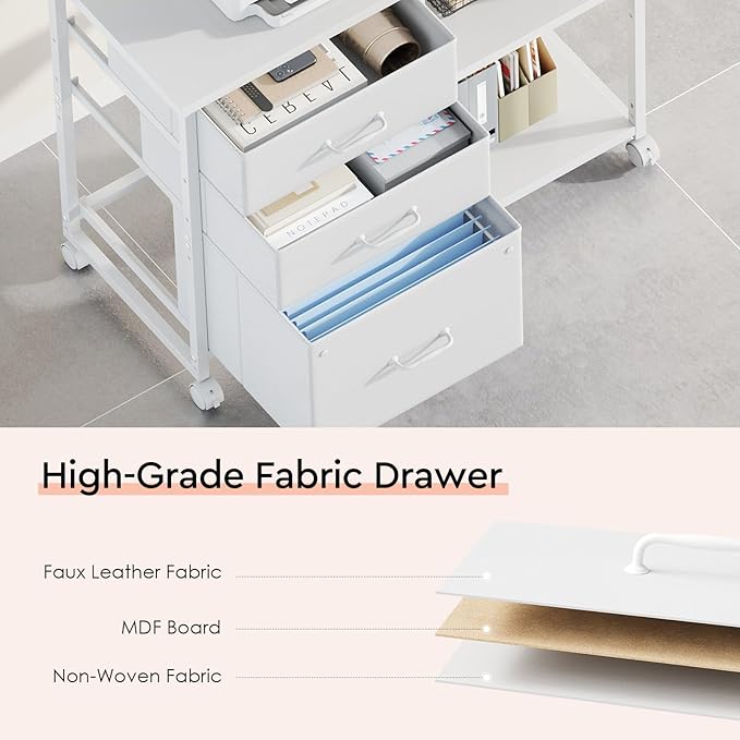3 Drawer File Cabinet with Wheels Rolling Printer Stand with Open Storage Shelf Fabric Lateral Filing Cabinet for Home Office,White