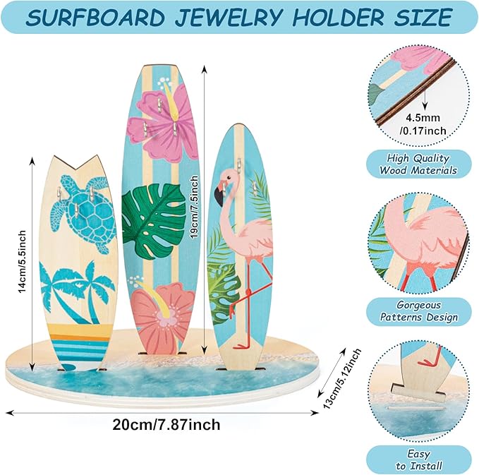 Surfboard Jewelry Holder Stand- Unique Coastal Christmas Beach Home Decor, Ocean-Themed Bathroom Decor, Cute Bracelet Ring Earrings Jewelry Organizer for Teen Girls, Wooden Preppy Hawaii Surfer Gift