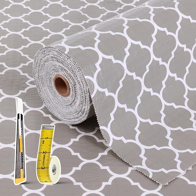 Drawer and Shelf Liner for Kitchen Cabinet: 23.6 in X 30 Ft Non Slip Waterproof Shelf Paper Non Adhesive Refrigerator Liners Gray Quatrefoil Easy Liners for Bathroom Cupboard with Knife Tape Measure