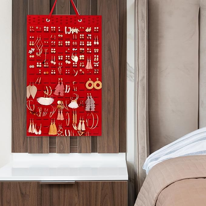 Uonlytech Hanging Jewelry Organizer Storage Bag Thickened Felt Red Wall-Mounted Jewelry Display Holder for Earrings Necklaces Bracelets Household Accessory Organizer