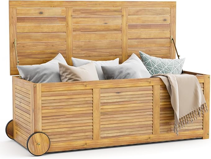 Tangkula 48 Gallon Outdoor Storage Box with Wheels and Waterproof Cover, Patio Wood Deck Box with Side Handle, for Poolside, Garden, Balcony, Yard and Outside