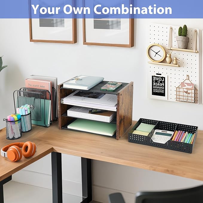 AUPSEN Desk Organizer with 5 Vertical File Holders, Storage Drawer & 2 Pen Holders, 5 Trays Paper Letter Tray Organizer, Mesh Desk Organizers and Accessories for Home Office (Black)