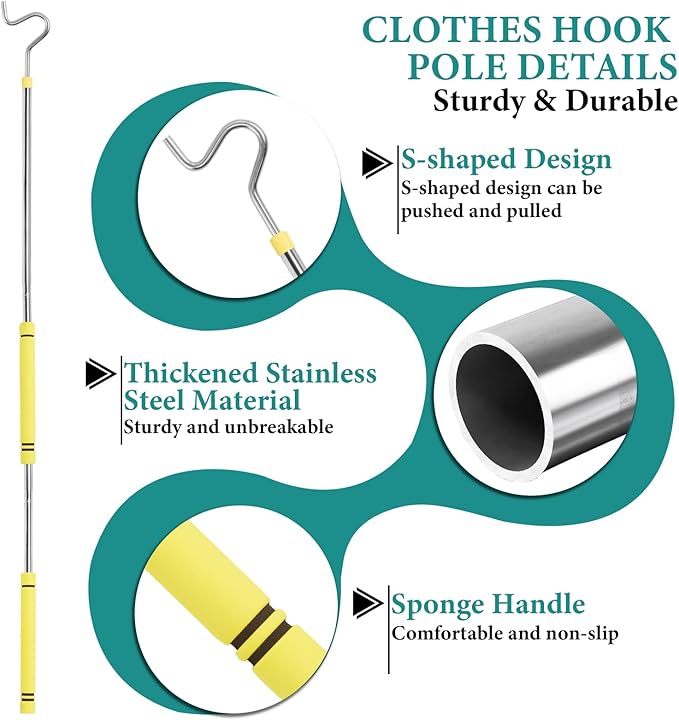 Clothes Hook Pole, Clothes Hanger Reaching Hook for Hanging Clothes Light and Plants Extendable from 35" to 50" Made of Stainless Steel Tube with Sponge Handle (51inch)