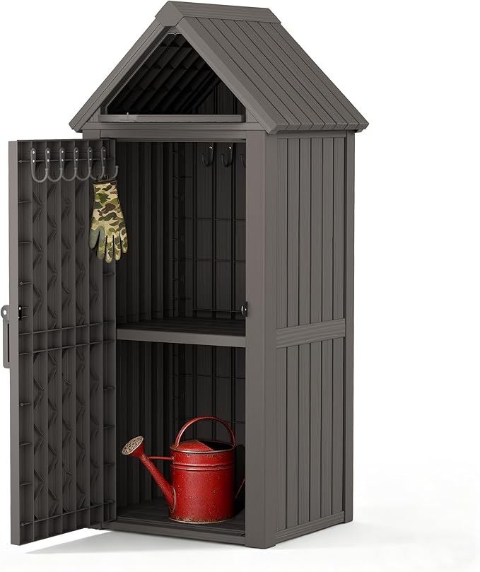 Outdoor Storage Shed - Waterproof Resin Outdoor Storage Cabinet with Removable Shelves & 12 Hooks for Garden Tools, Grilling Supplies, Gray