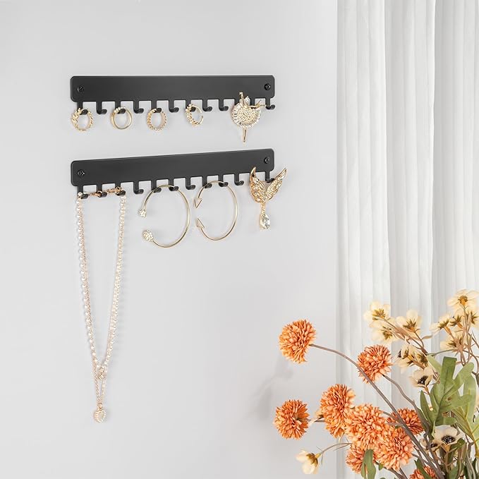 Drill-In Necklace Organizer: Sturdy Necklace Holder Wall Mounted with Hooks for Tangle-Free Jewelry Storage – Space-Saving Wall Necklace Hanger, Black, 2 PCS
