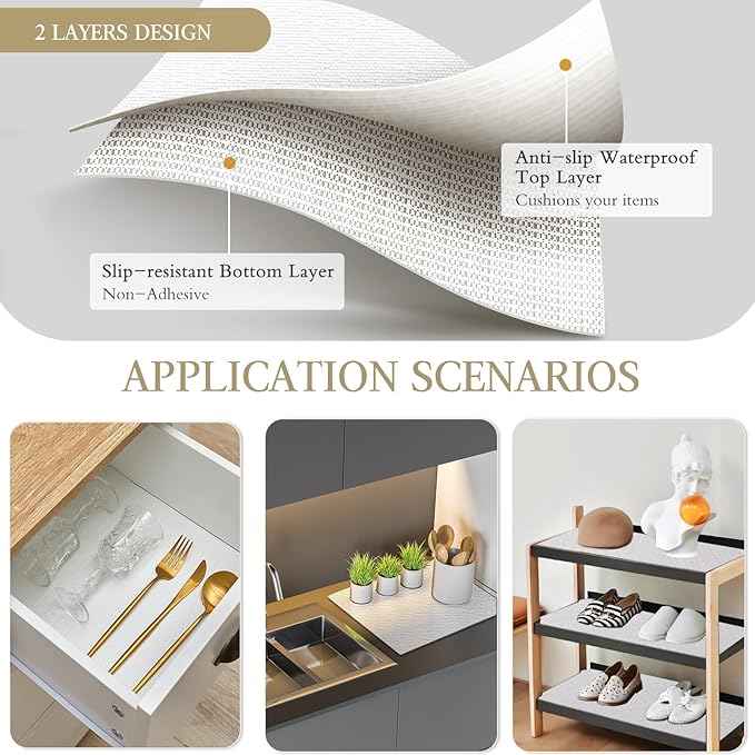 Beautysaid Shelf and Drawer Liner for Kitchen Cabinet, Non Adhesive Non Slip Shelf Paper Waterproof Washable Thickened for Dresser Pantry Shelve Bathroom Protector Liner(White,18 in x 20 FT)