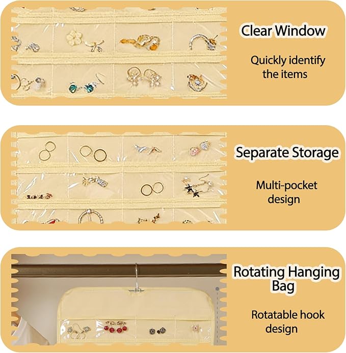 2PCS Hanging Jewelry Organizer with 160 Clear Pockets, 360° Swivel Hook for Double-Sided Jewelry Holder for Earrings, Necklaces, Rings on Closet, Wall, Door, (Black and beige)
