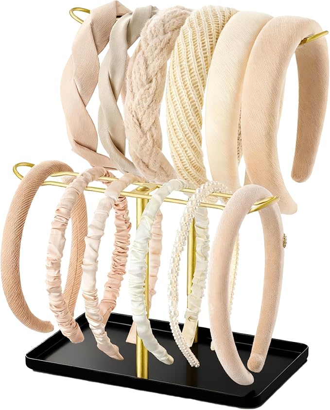 Headband Holder Organizer for Hair Accessories: Headband Storage Vanity Hair Clip Organizer, Two-Tier Stand with Storage Tray for Girls Women, Jewelry Necklace Rack for Vanity, Bathroom, Gold Black
