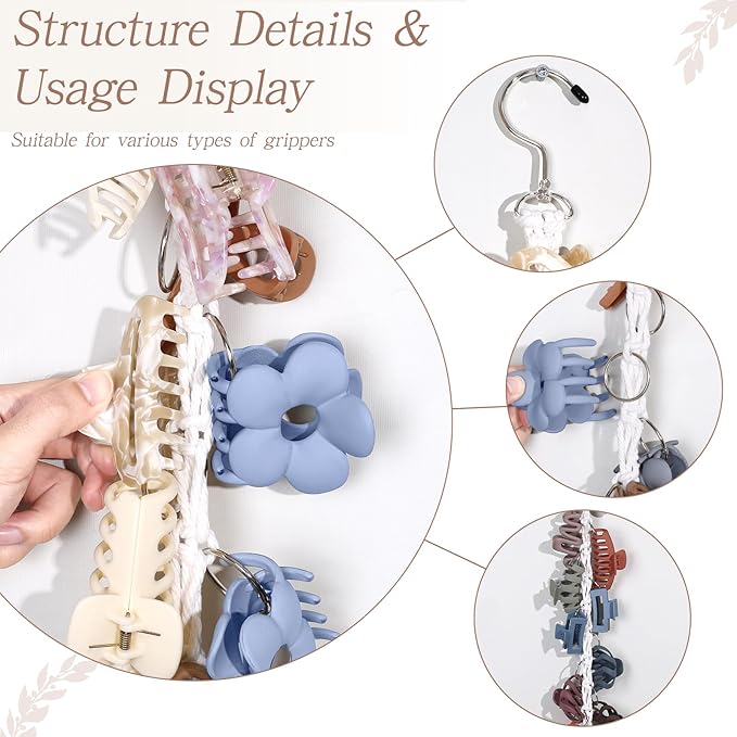 SNOWSTAR Macrame Hair Claw Clip Organizer with Rotating Hook and 20 Metal Rings,Hanging Hair Clip Holder and Storage for Women Girls,Claw Clips Hanger Home Decor for Wall,Door,Closet