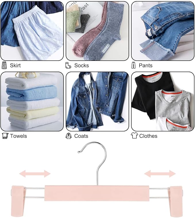 Clothes Pants Hangers, Space-Saving Skirt Holders with 360 ° Swivel Hooks, Adjustable Clips, Trouser Hangers, Clothes Coat Garment Jeans Hangers (30 Pack, Pink)