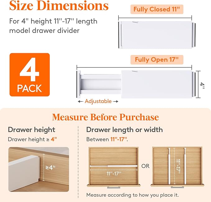 Lifewit 4 Pack 4" High Drawer Dividers 28-43.5cm/11-17" Adjustable Drawer Organizer for Clothes/Utensils, Expandable Drawer Separator in Dresser/Kitchen/Bedroom/Office Organization & Storage White