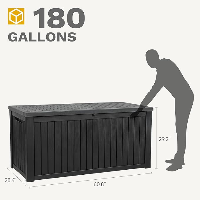 DWVO 180 Gallon Extra-Large Patio Deck Box, Waterproof Resin Outdoor Storage Box with Removable Divider for Patio, Garden, Pool, Furniture and Tools, Black