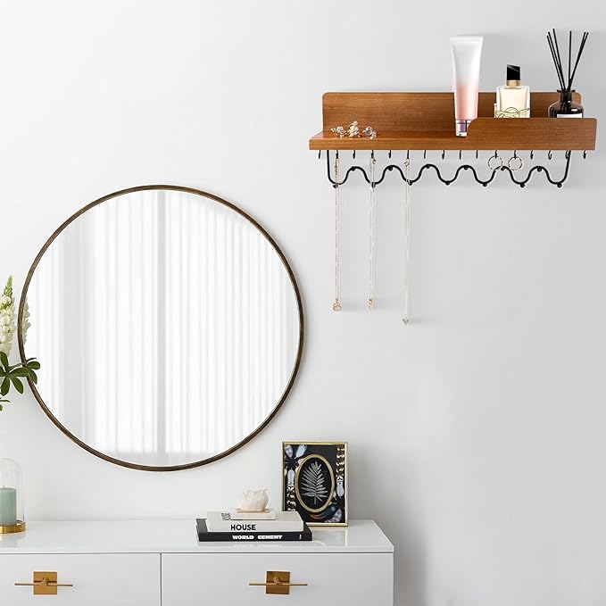 29 Hooks Wall Mount Necklace Holder Organizer, Natural Decorative Wood Jewelry Shelf with Gold Metal Wave Bar and Guardrail for Necklace, Pendant, Chain, Bracelet