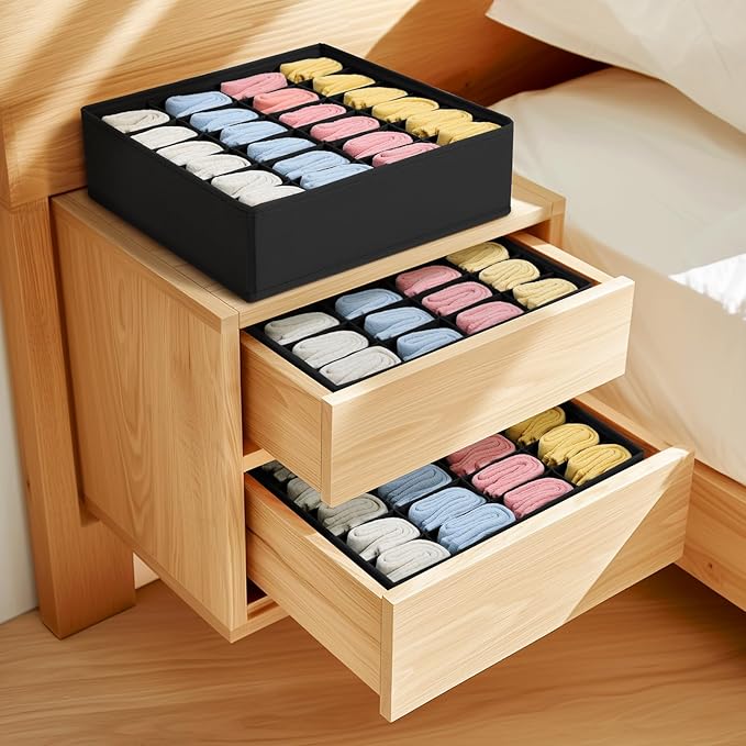 Joyoldelf Sock Organizer Drawer Organizer - Underwear Organizer, 24 Cell Collapsible Closet Organizers and Storage Sock Holders Organizers for Storing Socks, Ties, Belts 6 Pack Black