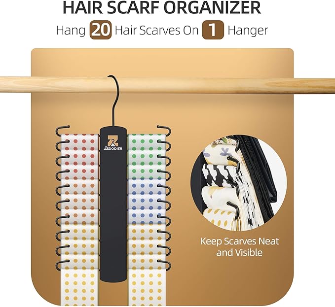 ZEDODIER Tie Hanger with 20 Hooks, Space Saving Necktie Organizer for Men, Large Capacity Tie and Belt Wooden Hanger for Closet, Black
