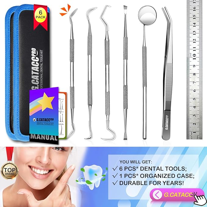 G.CATACC Dental Tools, Dental Pick Teeth Cleaning Tools Hygiene Kit, Plaque Remover for Teeth, Professional Stainless Steel Tooth Scraper Plaque Tartar Cleaner - with Case