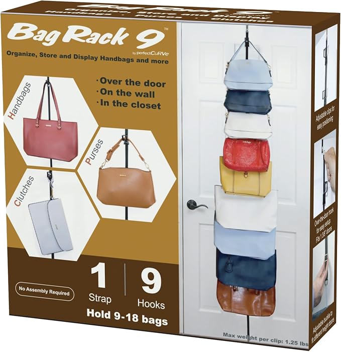 Perfect Curve Handbag and Purse Organizer | Hold up to 9 Bags | Over The Door Organizer for Purses and Handbags | Adjustable Clips | 1 Strap | Black