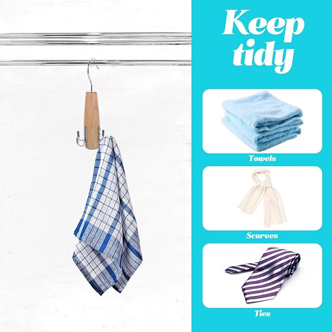 Wooden Multifunction Scarf and Towels Hanger Rack with Hooks Tie Organizer for Closet Storage, Space-Saving Accessory Organizer for Bedroom and Bathroom Random Color