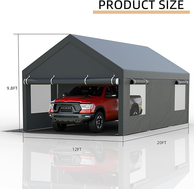 JY QAQA Carport, 12x20 FT Heavy Duty Carport with Removable Side Walls and Doors, Portable Garage with Roll-Up Window and Sandbags, Car Canopy with All-Season Tarp for Cars, Trucks, Boats, Grey