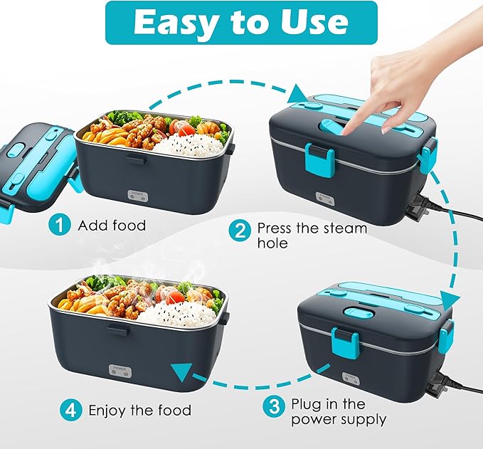 Electric-Lunch-Box-Heated-Food-Warmer 100W Heating Lunchbox for Adults 1.8L Portable Food Heater for Work/Car, 12V/24V/110-230V Lonchera Eléctrica Portátil with Fork Spoon (Gray+Blue)