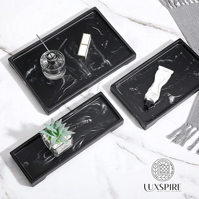 Luxspire Bathroom Sink Vanity Trays, 10" x 6" Resin Vanity Tray for Soap Dispenser, Kitchen Sink Trays, Vanity Countertop Organizer for Candles Soap Towel Perfume Holder Jewlery, Marble Style -M- Ink