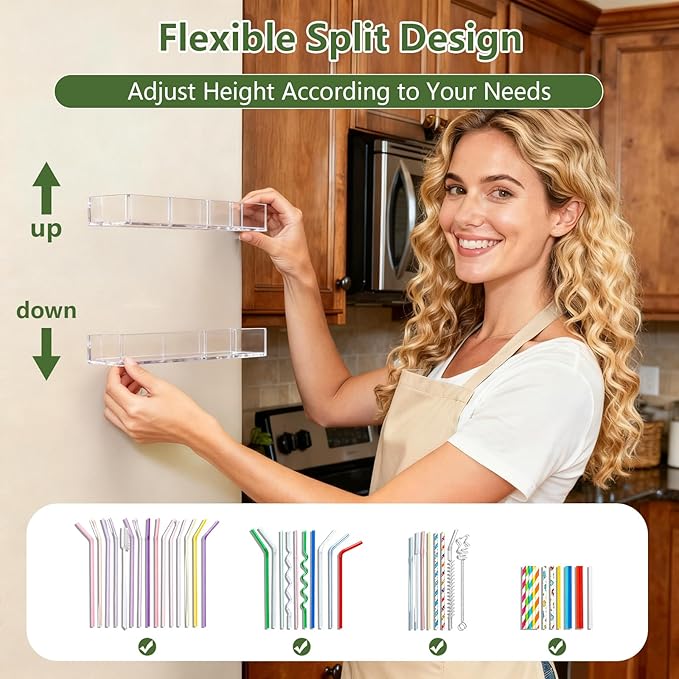 9.5” Large Acrylic Straw Holder for Cabinet Door - Reusable Tumbler Straw Organizer Storage, Small Kitchen Accessories Container, Ultra Sticky Cupboard Door Mounted (Transparent)
