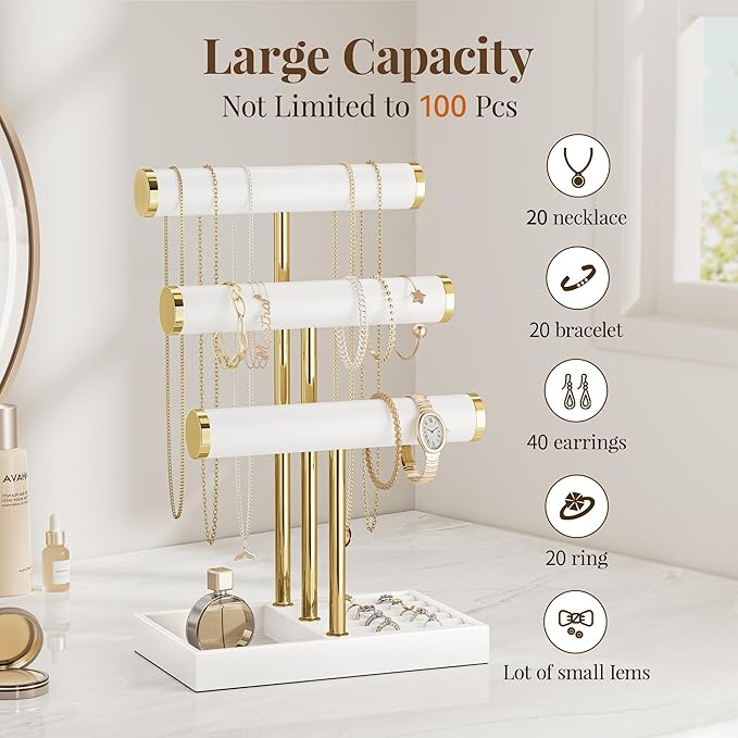 3 Tier Bracelet Holder Display - White Leather Bracelet Holder, Detachable T Bar Jewelry Holder Organizer for Bracelet, Necklace, Earrings, Rings, Watches, Bangle