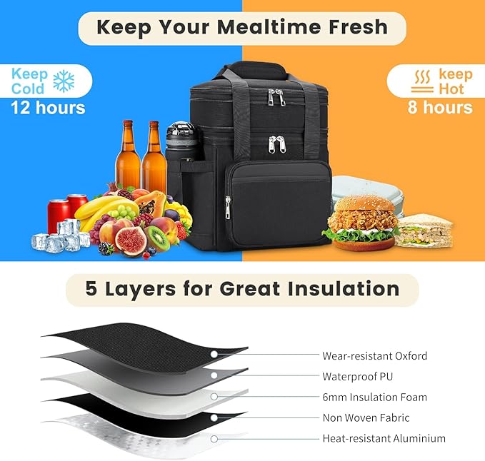 Insulated Lunch Bag & Lunch Box for Men - Double Deck Reusable Lunch Bag for Women Tote Cooler Bag Leakproof Soft Expandable - Extra Large Lunchbox for Work/Adult/Picnic/Outdoor (Black，22L)