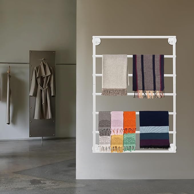 Wall Mounted Scarf Rack, 7-Tier Scarf and Tie Display Rack, White Hijab Hanger, Metal Wrapping Paper Storage Organizer for Accessory Stores, Bedrooms, Bathrooms