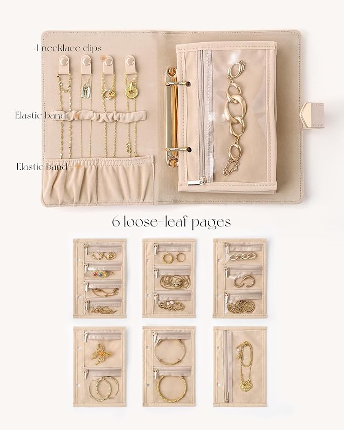 CASEGRACE Travel Jewelry Organizer Case,Portable Jewelry Storage Book Ring Binder with 6 Clear Zipper Velvet Jewelry Pouch for Earrings, Rings, Necklaces Ideal Gift for Women (Amber)