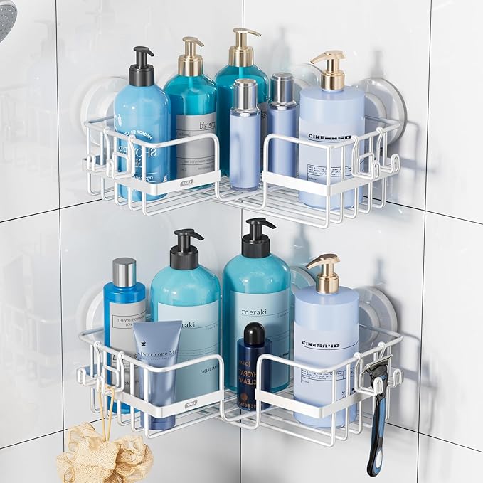 TAILI Corner-adaptive Suction Cup Shower Caddy 2 Pack, Stainless Steel Rustproof Corner Shower Shelves, Drill-Free Wall Mounted Baskets, Large Capacity Removable Suction Cup Bathroom Organizer, White