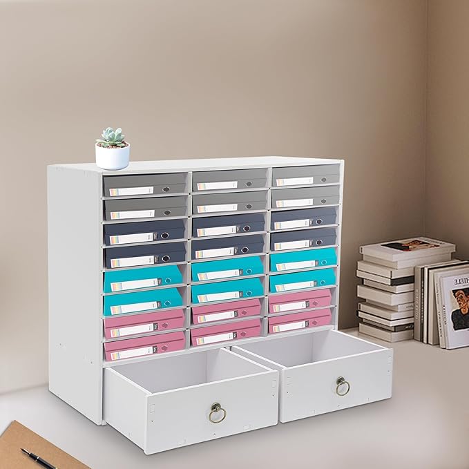 Literature Organizer, 24-Compartment Paper Organizer with 2 Drawers, Storage Cabinet, Mail Sorter for Office Classroom Home, Adjustable Shelves & Lockable Design (White)