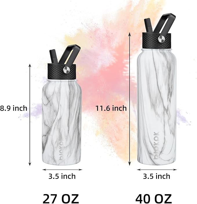 BJPKPK Insulated Water Bottles with Straw Lid, 40oz Stainless Steel Water Bottles with 3 Lids, BPA Free Leakproof Thermo, Tumblers, Cups for Sports, Gym- White Birch
