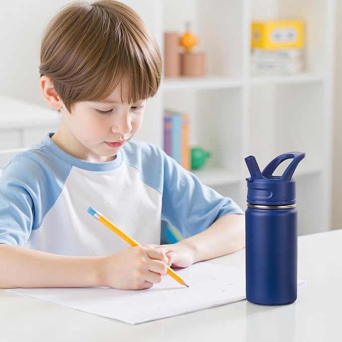 12oz Kids Water Bottle for School, Toddler Bottles with Straws, Stainless Steel Vacuum Insulated Water Bottle for Boys&Girls, Leak-Proof, BPA-Free, Blue Black