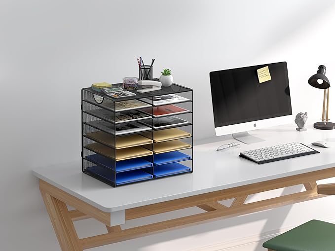 EasyPAG Paper Trays for Classroom 14 Tier Mesh Desk Organizer Shelves with Handle A4/Letter Size File Folder Organizer Shelf for Office, School, Home, Black