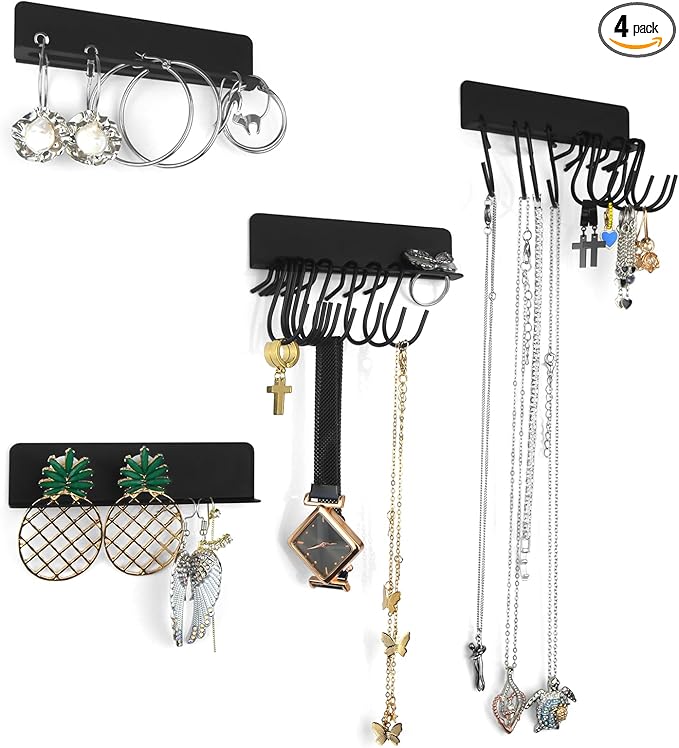 Magnetic & Adhesive Hanging Jewelry Organizers, 4 Pack Small Metal Display Holders of Racks and S Hangers for Necklace Earring Ring Bracelet, Tiny Earring Shelf Mount on Wall Mirror Cabinet Pegboard