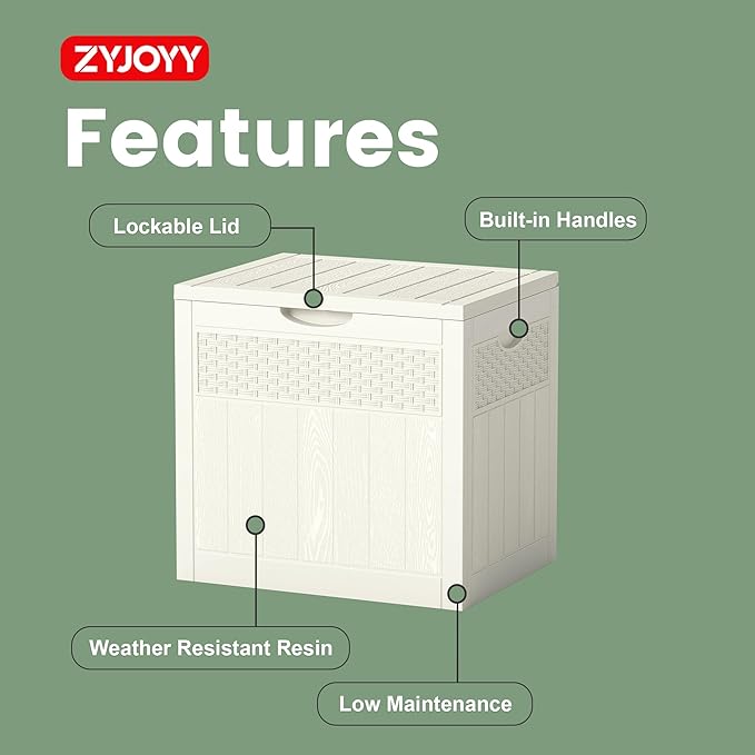 ZYJOYY 33 Gallon Resin Deck Box, Weatherproof Outdoor Storage Box for Patio, Garden and Yard, Lockable Waterproof Bin for Tools, Cushions, and Accessories, White