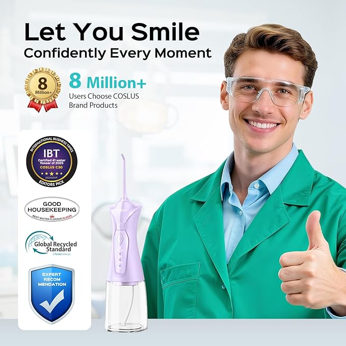 COSLUS Water Dental Flosser Pick for Teeth C30(FC5360): 4 Modes Cordless 300ML Larger Tank Portable Water Teeth Cleaner Picks IPX7 Waterproof Flossing Machine for Home Travel Purple