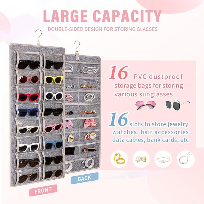 Dual Sided Sunglasses Storage organizer case, Eyeglasses Holder Wall Mounted with 32 Clear Slots & Metal Hook, Dust Proof Sunglasses Storage Case