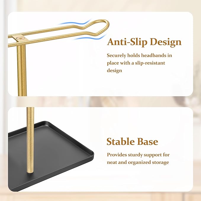 Headband Holder Organizer for Hair Accessories: Headband Storage Vanity Hair Clip Organizer, Two-Tier Stand with Storage Tray for Girls Women, Jewelry Necklace Rack for Vanity, Bathroom, Gold Black