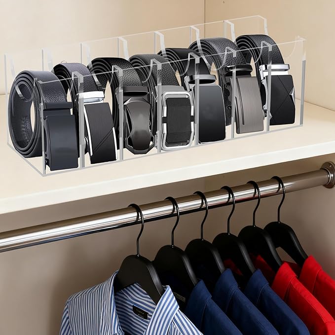 Acrylic Belt Organizer for Closet, 7-Compartment Belt Storage Holder Rack, Clear Belt Box for Men’s & Women’s Belts, Tie & Scarf Organizer, Stackable or Wall-Mount Accessory Storage