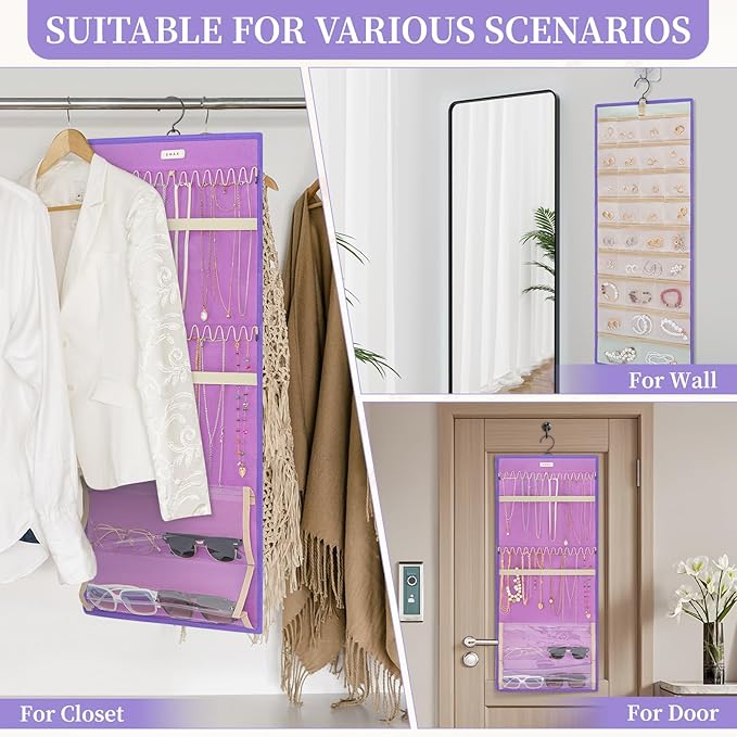GMAK Hanging Jewelry Organizer with Hanger Metal Hooks, Double-Sided Jewelry Holder Accessories Organizer Storage Roll for Jewelry, Earrings, Bracelets, Necklaces, Rings - Light Purple
