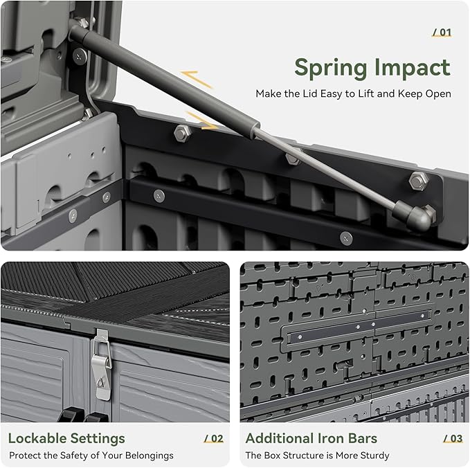 AOXUN Horizontal Storage Sheds 41 Cu.ft, HDPE Outdoor Storage Box 160 Gallon, Waterproof Lockable Resin Deck Box with Spring-Assisted Lid, Patio Storage for Garden, Pool, Cushions, Tools, Gray