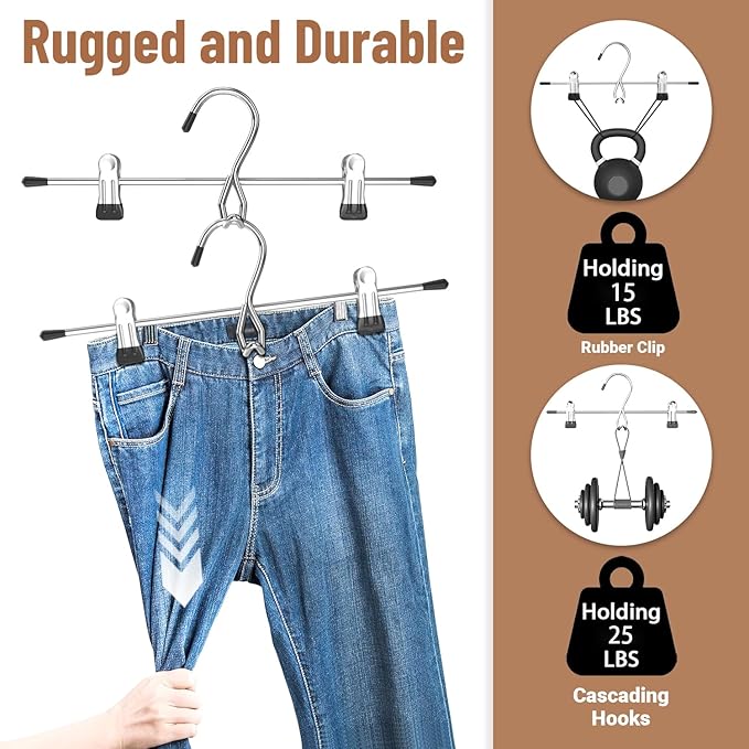 Pants Hangers Space Saving,Stackable Skirt Hangers with Clips, Hanging Closet Organizer and Storage,Clothes Hangers, College Dorm Essentials Apartment Essentials- 24 Pack