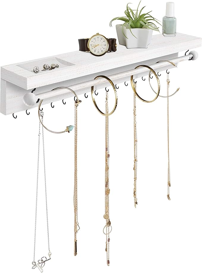 Rustic White Necklace Jewelry Organizer - Wall Mount Jewelry Holder - Mounted Hanging Jewelry Storage Hooks for Necklace, Earrings, and Rings - Farmhouse Wood Decor Bedroom Boho Shelf Rack