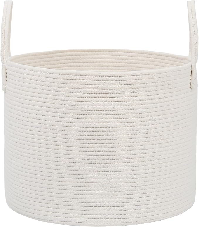 115L Extra Large Blanket Basket for Living Room - Woven Cotton Rope Laundry Hamper with Reinforced Handles - Storage Bin for Pillows, Comforters & Toys - Machine Washable,White