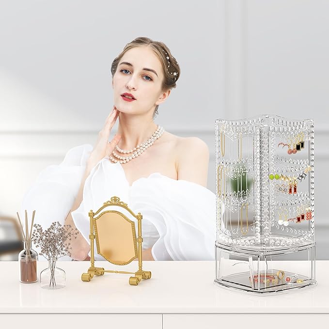 Hanging Jewelry Organizer with 10 Silver Polishing Cloths, Jewelry Holder with 156 Holes and 160 Grooves for Earring, Necklaces, Bracelet with Rotating Hanger, Easy Assembly (Clear)