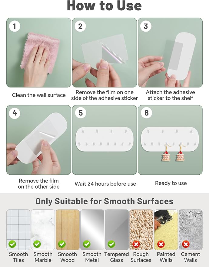 NiHome Wall Mounted Jewelry Organizer Set of 2 – 12 Hook Rounded Rectangle Design, No-Drill Installation – Premium PP Plastic, Moisture-Proof, Space-Saving Storage – 14CM x 6CM x 1.6CM White