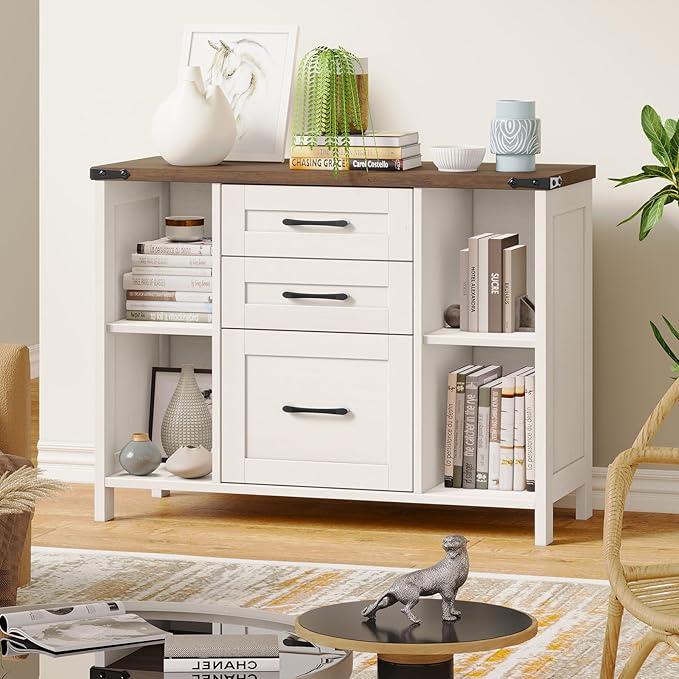 3 Drawer File Cabinet, Farmhouse Lateral Filing Cabinet Fits File Letter or A4 Size, Wooden Printer Stand with Open Storage Adjustable Shelf for Home Office, White