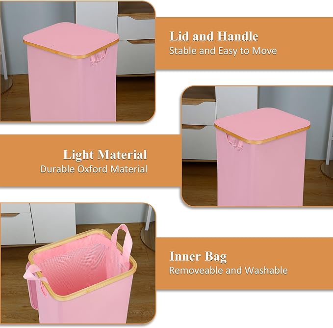 Laundry Hamper with Lid, 110L Large Laundry Basket with Handle and Lid, Collapsible Clothes Basket Organizer with Removable Inner Bag for Clothes Toys Towels,Pink